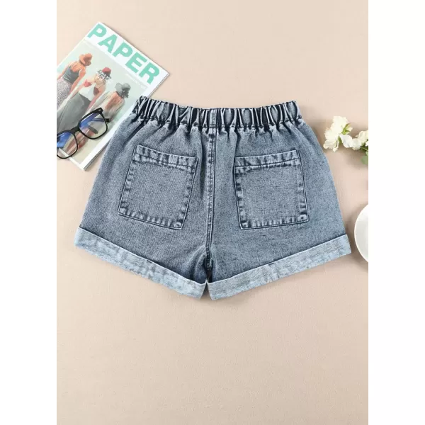 Sidefeel Womens Casual Elastic Waist Rolled Hem Denim Shorts Drawstring Loose Fit Jean Shorts