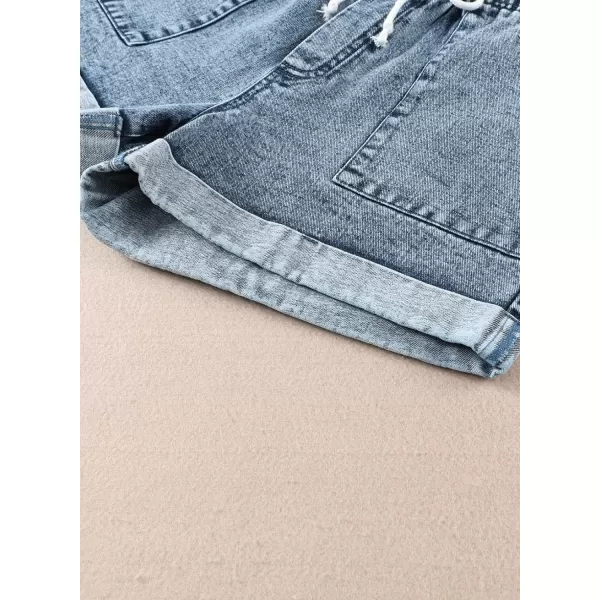 Sidefeel Womens Casual Elastic Waist Rolled Hem Denim Shorts Drawstring Loose Fit Jean Shorts
