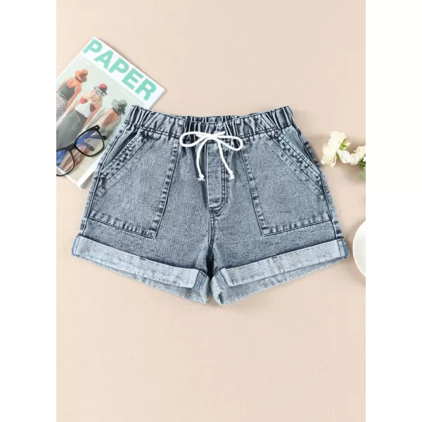Sidefeel Womens Casual Elastic Waist Rolled Hem Denim Shorts Drawstring Loose Fit Jean Shorts