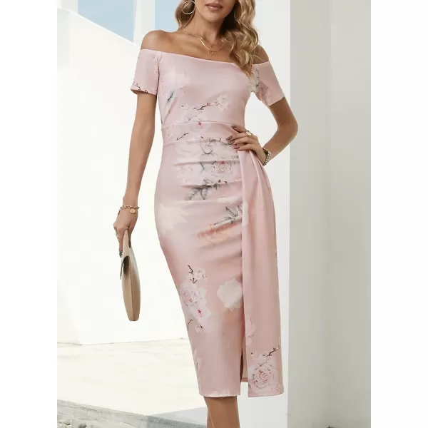 Sidefeel Women's Casual Off The Shoulder Floral Print Ruched High Slit Bodycon Evening Party Dress
