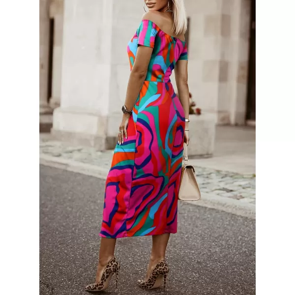 Sidefeel Women's Casual Off The Shoulder Floral Print Ruched High Slit Bodycon Evening Party Dress