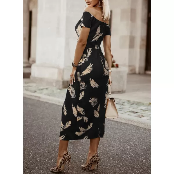 Sidefeel Women's Casual Off The Shoulder Floral Print Ruched High Slit Bodycon Evening Party Dress