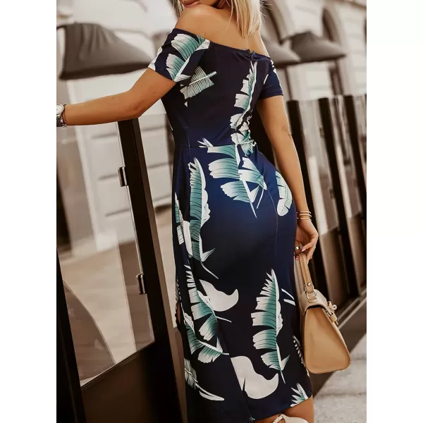 Sidefeel Women's Casual Off The Shoulder Floral Print Ruched High Slit Bodycon Evening Party Dress