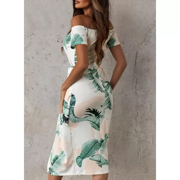 Sidefeel Women's Casual Off The Shoulder Floral Print Ruched High Slit Bodycon Evening Party Dress
