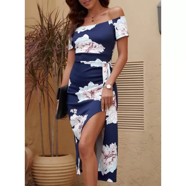 Sidefeel Women's Casual Off The Shoulder Floral Print Ruched High Slit Bodycon Evening Party Dress