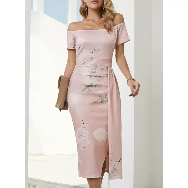 Sidefeel Women's Casual Off The Shoulder Floral Print Ruched High Slit Bodycon Evening Party Dress