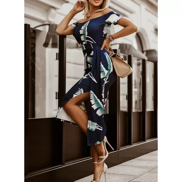 Sidefeel Women's Casual Off The Shoulder Floral Print Ruched High Slit Bodycon Evening Party Dress