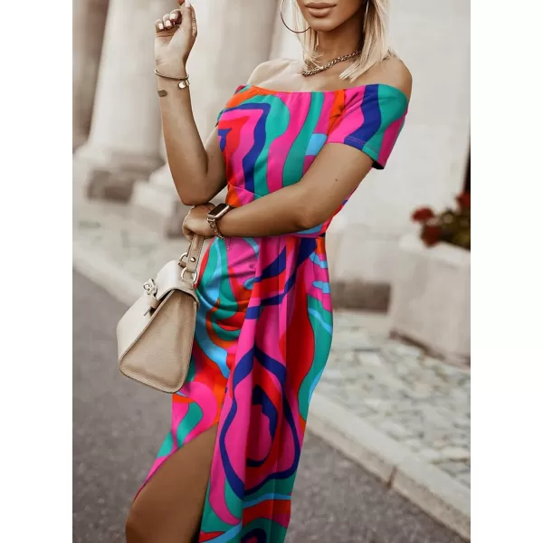 Sidefeel Women's Casual Off The Shoulder Floral Print Ruched High Slit Bodycon Evening Party Dress