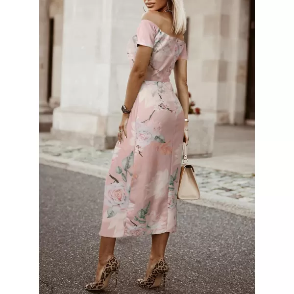 Sidefeel Women's Casual Off The Shoulder Floral Print Ruched High Slit Bodycon Evening Party Dress