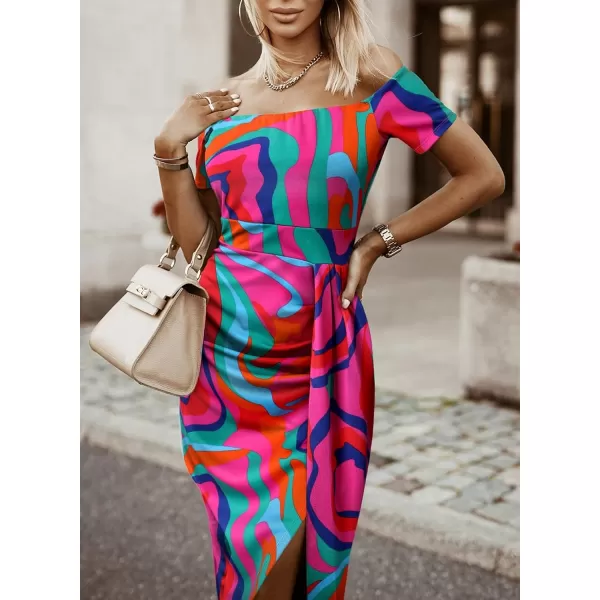 Sidefeel Women's Casual Off The Shoulder Floral Print Ruched High Slit Bodycon Evening Party Dress