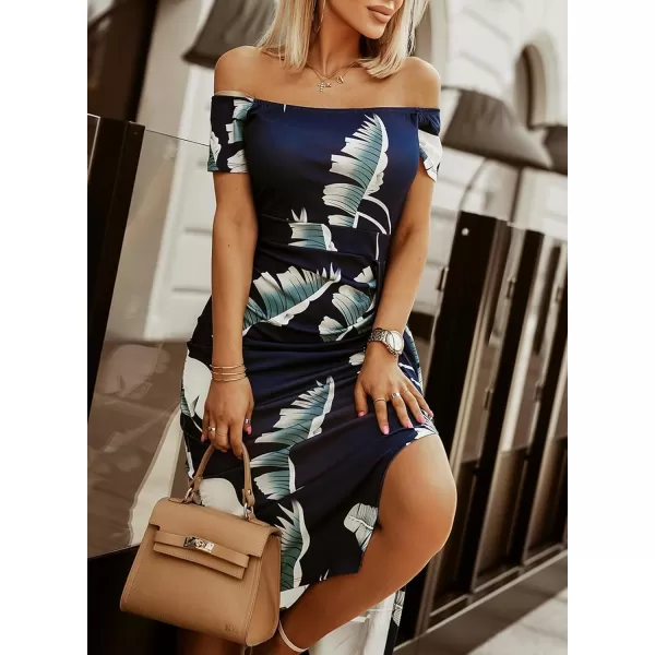 Sidefeel Women's Casual Off The Shoulder Floral Print Ruched High Slit Bodycon Evening Party Dress