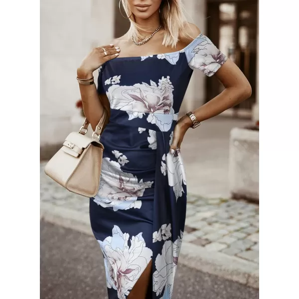 Sidefeel Women's Casual Off The Shoulder Floral Print Ruched High Slit Bodycon Evening Party Dress
