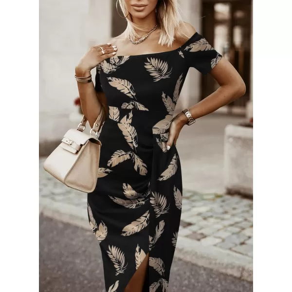 Sidefeel Women's Casual Off The Shoulder Floral Print Ruched High Slit Bodycon Evening Party Dress
