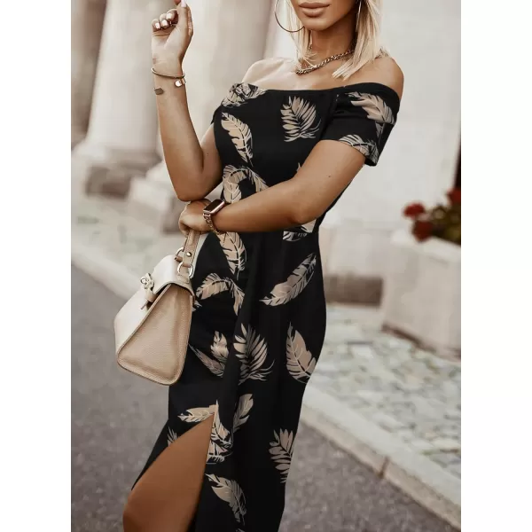 Sidefeel Women's Casual Off The Shoulder Floral Print Ruched High Slit Bodycon Evening Party Dress