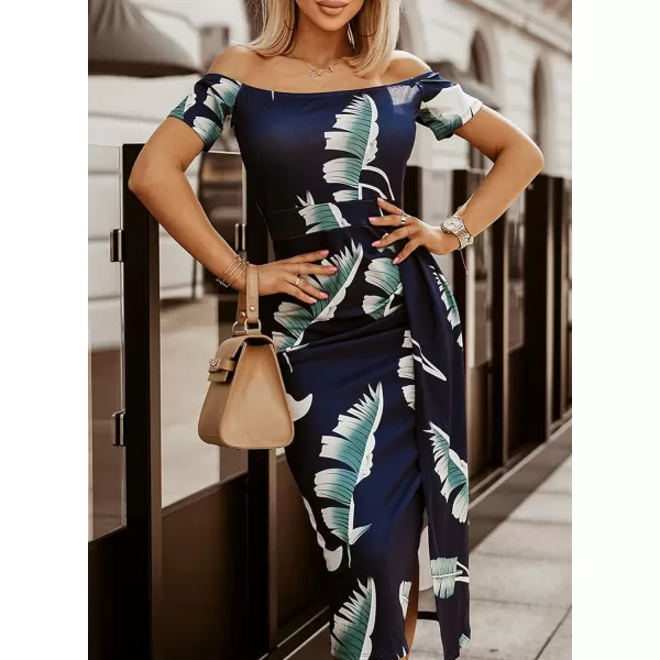 Sidefeel Women's Casual Off The Shoulder Floral Print Ruched High Slit Bodycon Evening Party Dress