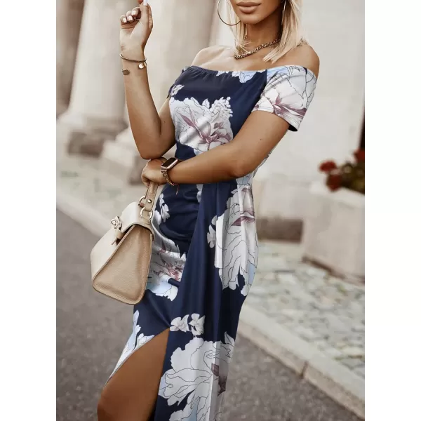 Sidefeel Women's Casual Off The Shoulder Floral Print Ruched High Slit Bodycon Evening Party Dress