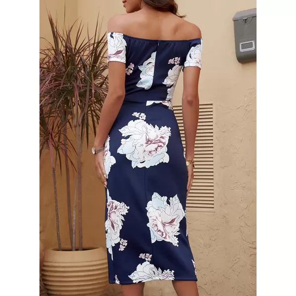 Sidefeel Women's Casual Off The Shoulder Floral Print Ruched High Slit Bodycon Evening Party Dress