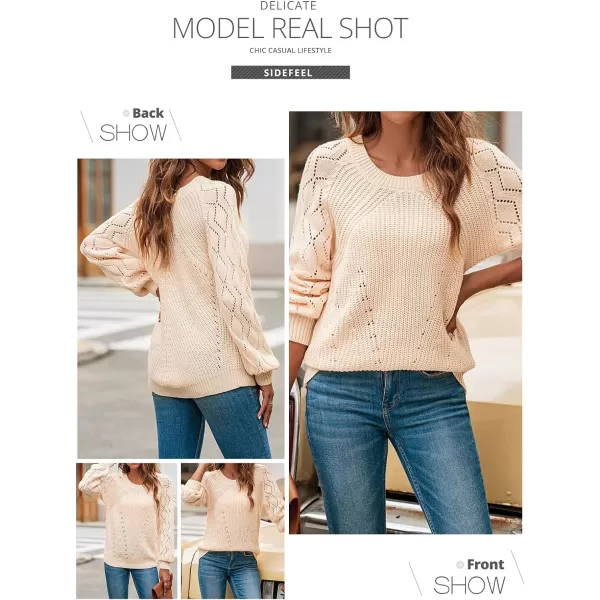 Sidefeel Women's Crewneck Hollow Out Crochet Tops Long Sleeve Knit Sweaters Pullover Fall Fashion