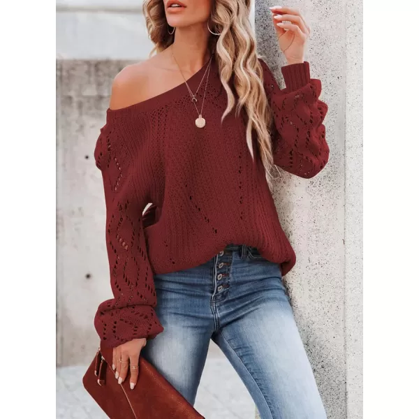 Sidefeel Women's Crewneck Hollow Out Crochet Tops Long Sleeve Knit Sweaters Pullover Fall Fashion