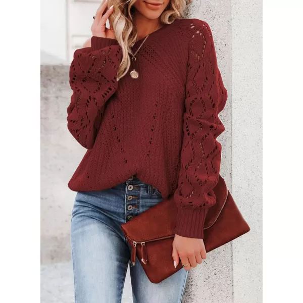 Sidefeel Women's Crewneck Hollow Out Crochet Tops Long Sleeve Knit Sweaters Pullover Fall Fashion