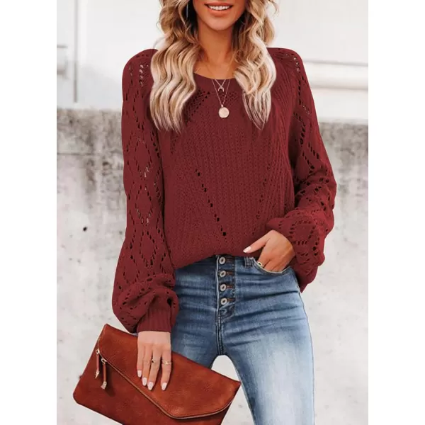 Sidefeel Women's Crewneck Hollow Out Crochet Tops Long Sleeve Knit Sweaters Pullover Fall Fashion