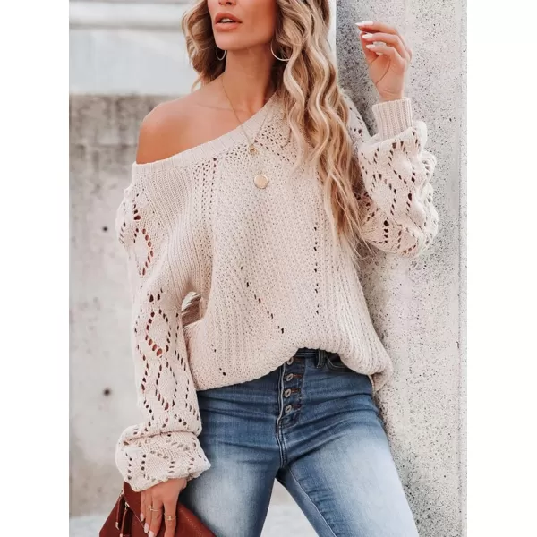 Sidefeel Women's Crewneck Hollow Out Crochet Tops Long Sleeve Knit Sweaters Pullover Fall Fashion