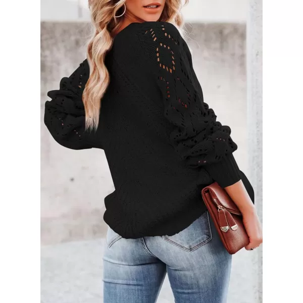 Sidefeel Women's Crewneck Hollow Out Crochet Tops Long Sleeve Knit Sweaters Pullover Fall Fashion