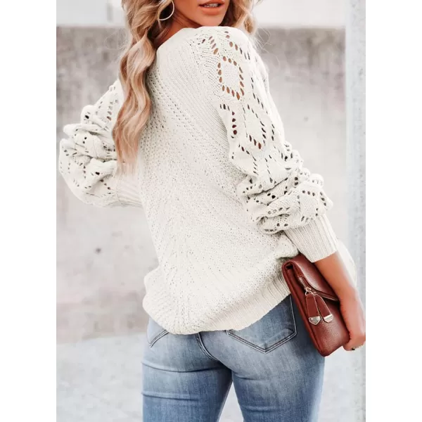 Sidefeel Women's Crewneck Hollow Out Crochet Tops Long Sleeve Knit Sweaters Pullover Fall Fashion