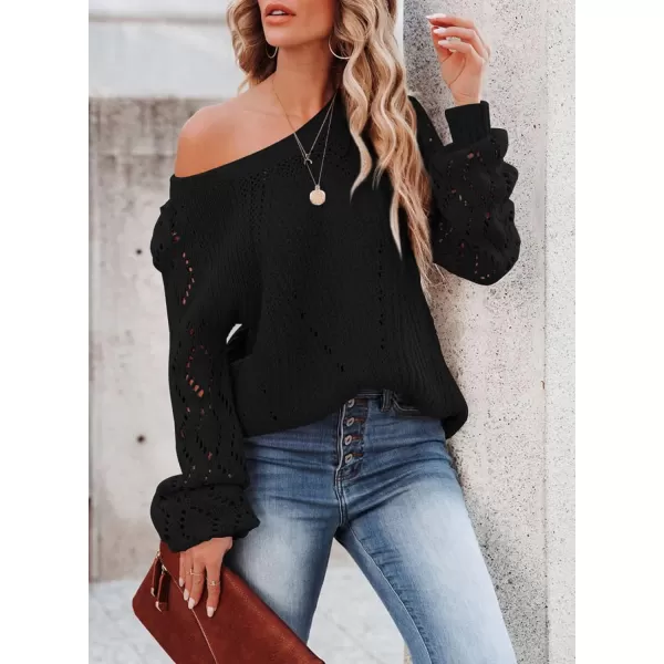 Sidefeel Women's Crewneck Hollow Out Crochet Tops Long Sleeve Knit Sweaters Pullover Fall Fashion