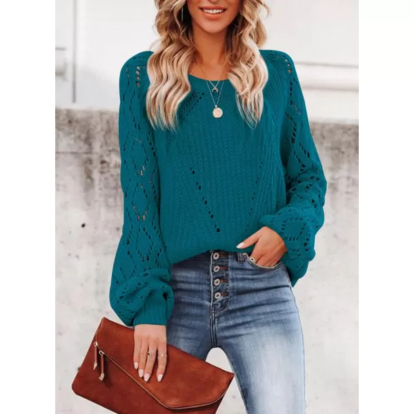 Sidefeel Women's Crewneck Hollow Out Crochet Tops Long Sleeve Knit Sweaters Pullover Fall Fashion