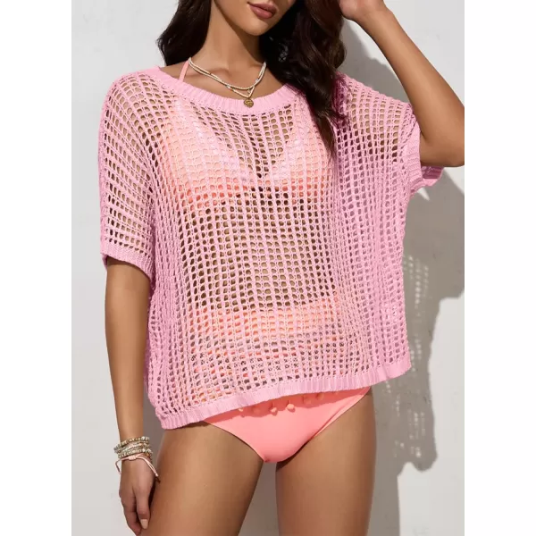 Sidefeel Women's Crochet Tops Short Sleeve Sweater 2024 Fashion Hollow Out Scoop Neck Pullover Knit Tops Cover Ups