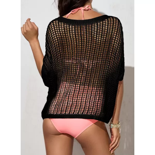 Sidefeel Women's Crochet Tops Short Sleeve Sweater 2024 Fashion Hollow Out Scoop Neck Pullover Knit Tops Cover Ups
