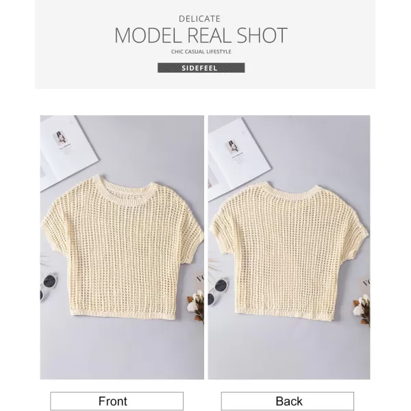 Sidefeel Women's Crochet Tops Short Sleeve Sweater 2024 Fashion Hollow Out Scoop Neck Pullover Knit Tops Cover Ups