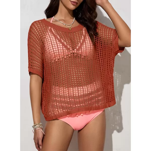 Sidefeel Women's Crochet Tops Short Sleeve Sweater 2024 Fashion Hollow Out Scoop Neck Pullover Knit Tops Cover Ups