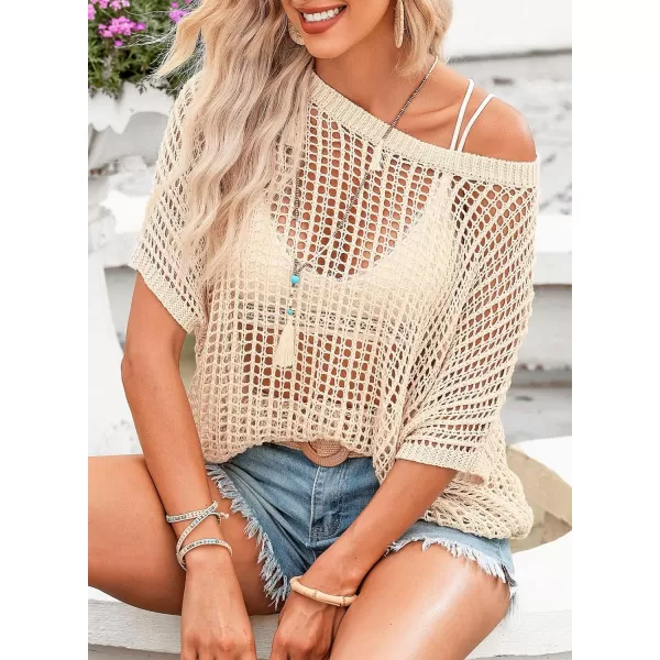 Sidefeel Women's Crochet Tops Short Sleeve Sweater 2024 Fashion Hollow Out Scoop Neck Pullover Knit Tops Cover Ups