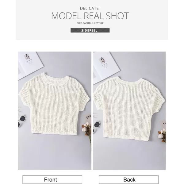 Sidefeel Women's Crochet Tops Short Sleeve Sweater 2024 Fashion Hollow Out Scoop Neck Pullover Knit Tops Cover Ups