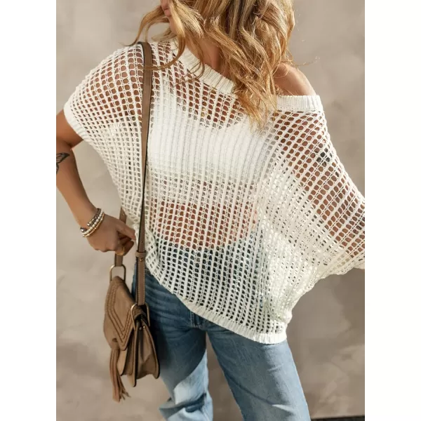 Sidefeel Women's Crochet Tops Short Sleeve Sweater 2024 Fashion Hollow Out Scoop Neck Pullover Knit Tops Cover Ups
