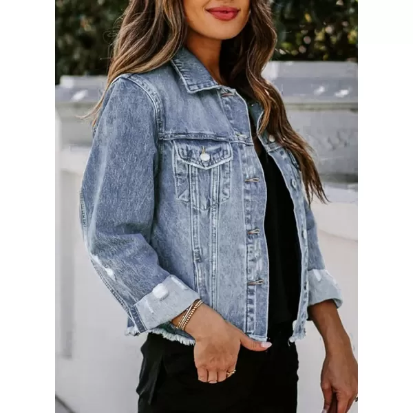 Sidefeel Women's Denim Jacket Long Sleeve Button Distressed Ripped Jean Coat