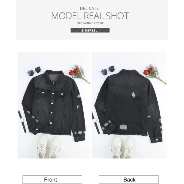 Sidefeel Women's Denim Jacket Long Sleeve Button Distressed Ripped Jean Coat