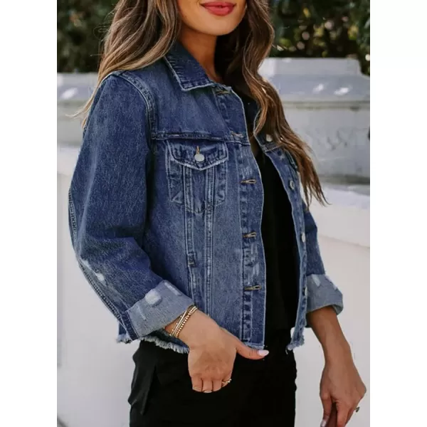 Sidefeel Women's Denim Jacket Long Sleeve Button Distressed Ripped Jean Coat