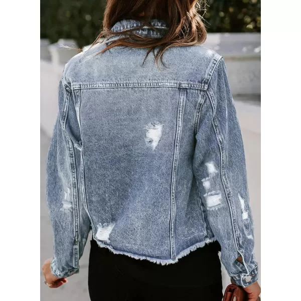 Sidefeel Women's Denim Jacket Long Sleeve Button Distressed Ripped Jean Coat