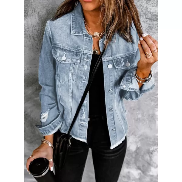 Sidefeel Women's Denim Jacket Long Sleeve Button Distressed Ripped Jean Coat
