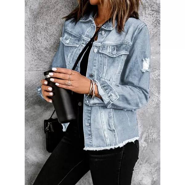 Sidefeel Women's Denim Jacket Long Sleeve Button Distressed Ripped Jean Coat