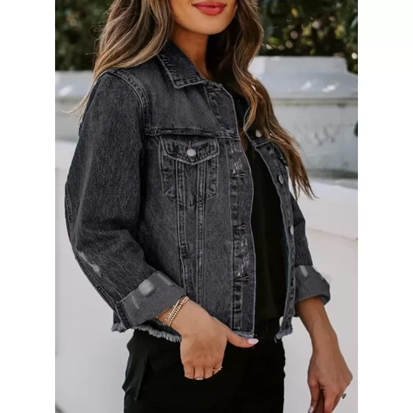 Sidefeel Women's Denim Jacket Long Sleeve Button Distressed Ripped Jean Coat