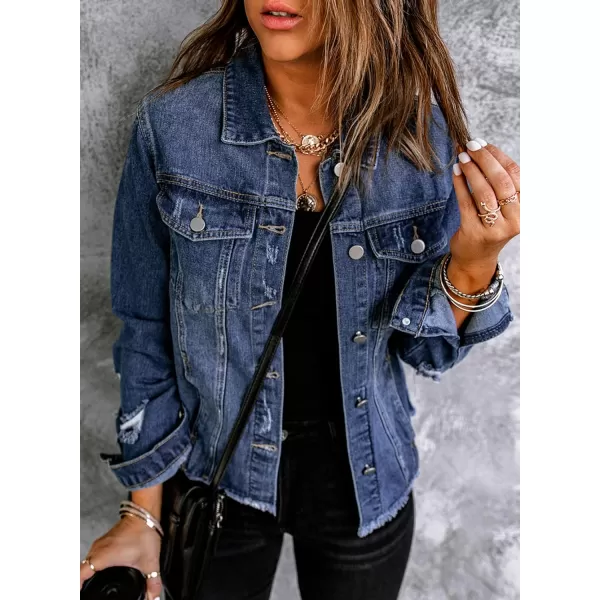Sidefeel Women's Denim Jacket Long Sleeve Button Distressed Ripped Jean Coat