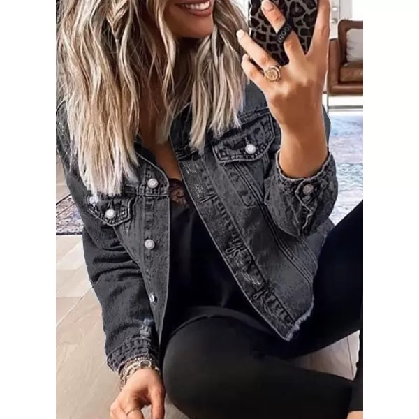 Sidefeel Women's Denim Jacket Long Sleeve Button Distressed Ripped Jean Coat
