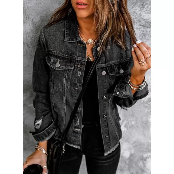 Sidefeel Women's Denim Jacket Long Sleeve Button Distressed Ripped Jean Coat