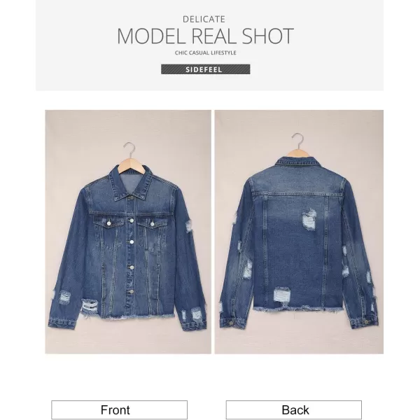 Sidefeel Women's Denim Jacket Long Sleeve Button Distressed Ripped Jean Coat