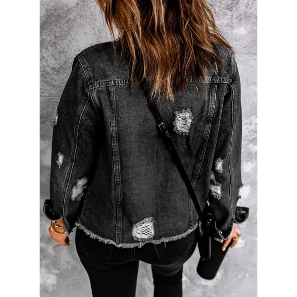 Sidefeel Women's Denim Jacket Long Sleeve Button Distressed Ripped Jean Coat