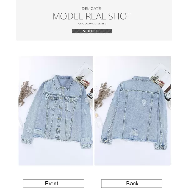 Sidefeel Women's Denim Jacket Long Sleeve Button Distressed Ripped Jean Coat